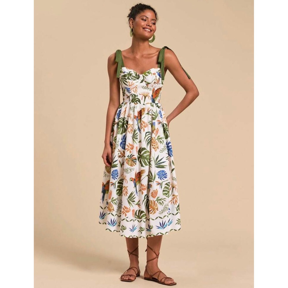 Tropical Parrot Print Midi Dress Sweetheart Tie‎ Strap Bustier Smocked Back L